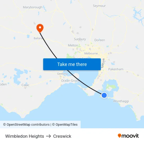 Wimbledon Heights to Creswick map