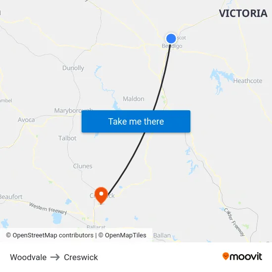 Woodvale to Creswick map