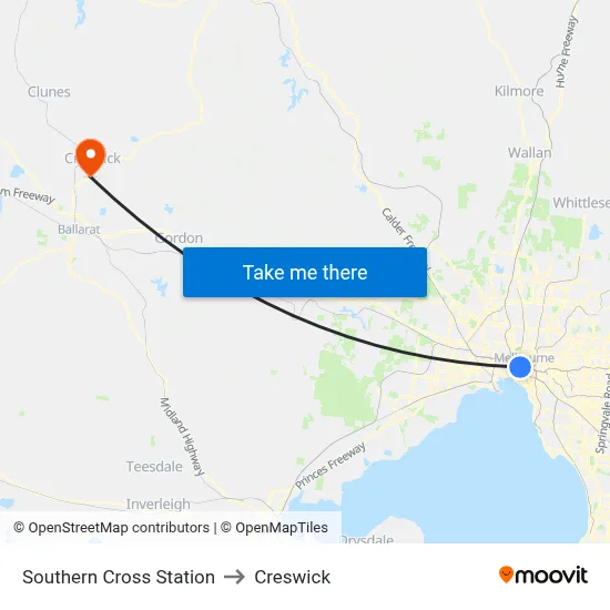 Southern Cross Station to Creswick map