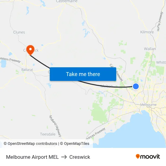 Melbourne Airport MEL to Creswick map