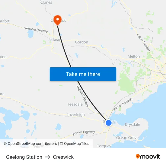 Geelong Station to Creswick map