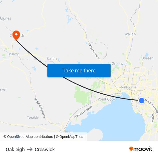 Oakleigh to Creswick map