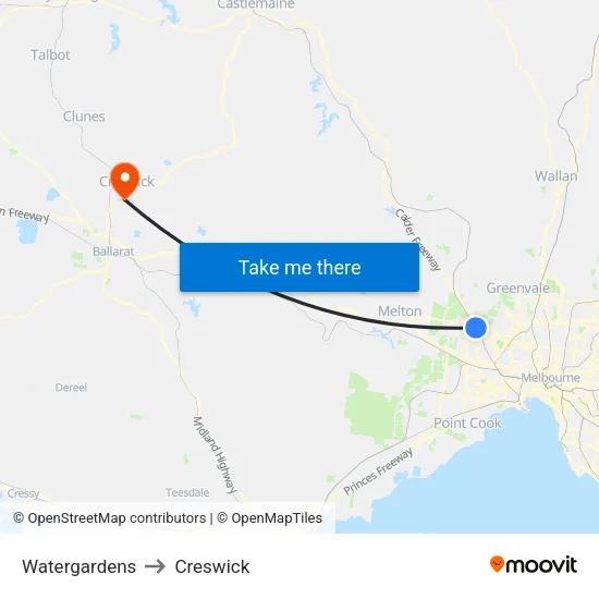 Watergardens to Creswick map