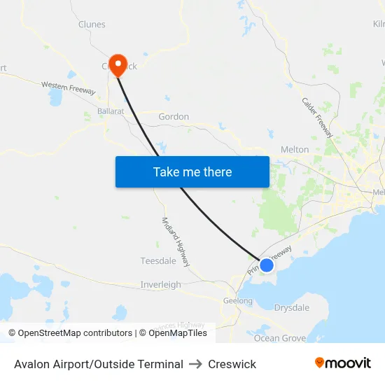 Avalon Airport/Outside Terminal to Creswick map