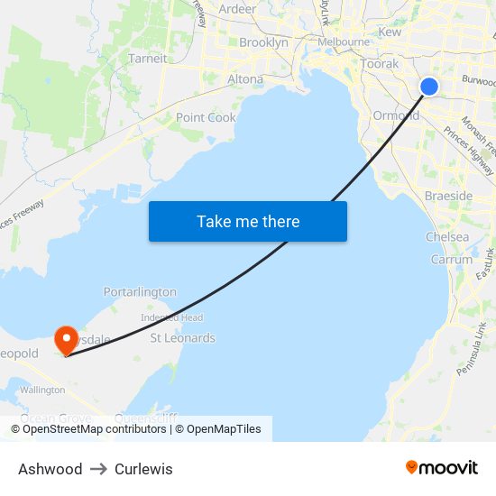 Ashwood to Curlewis map