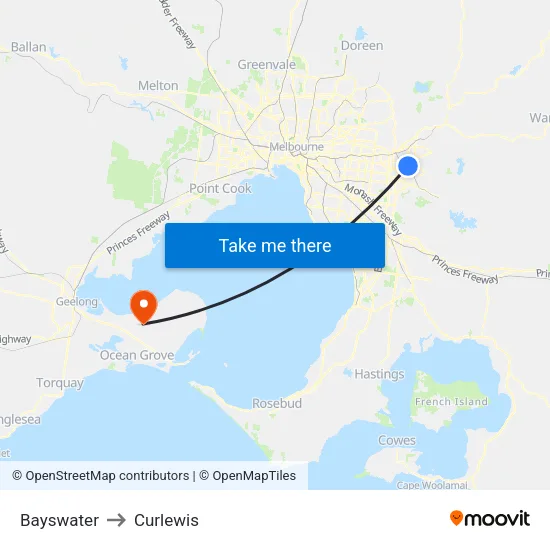 Bayswater to Curlewis map