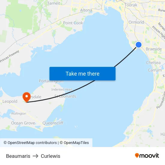 Beaumaris to Curlewis map