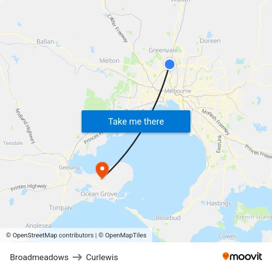 Broadmeadows to Curlewis map