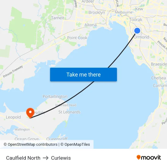 Caulfield North to Curlewis map
