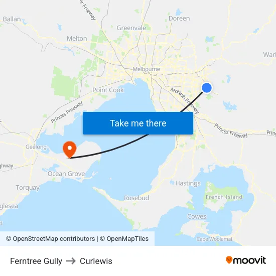 Ferntree Gully to Curlewis map