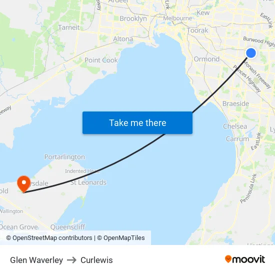 Glen Waverley to Curlewis map