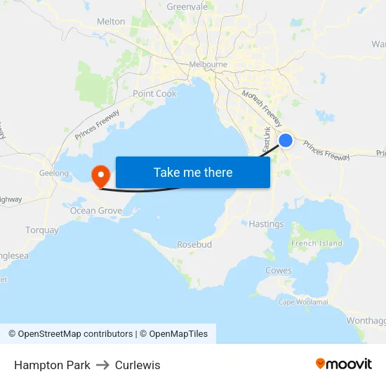 Hampton Park to Curlewis map