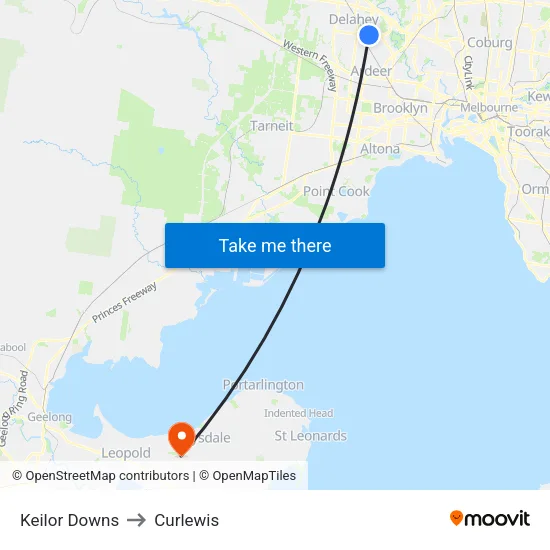 Keilor Downs to Curlewis map