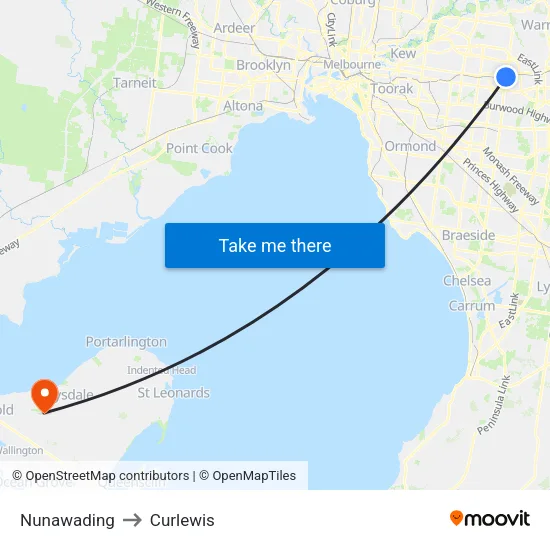 Nunawading to Curlewis map