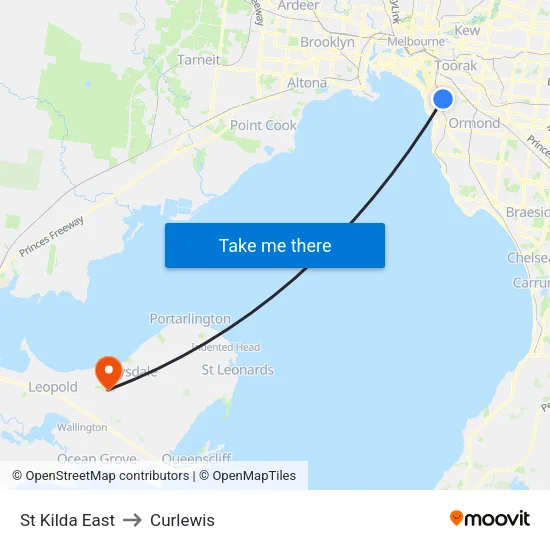 St Kilda East to Curlewis map
