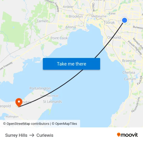 Surrey Hills to Curlewis map
