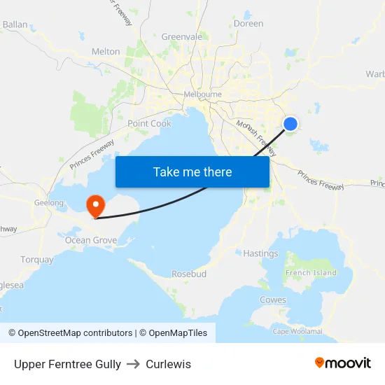Upper Ferntree Gully to Curlewis map