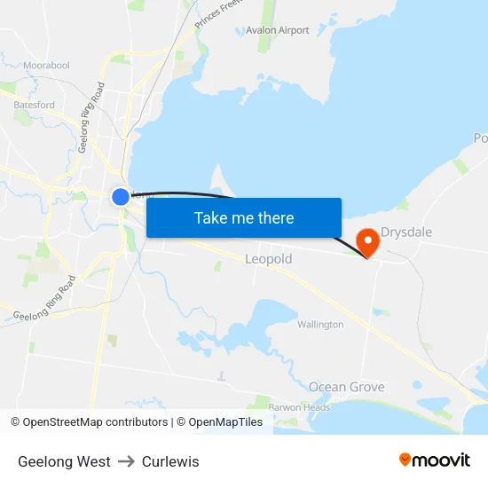 Geelong West to Curlewis map