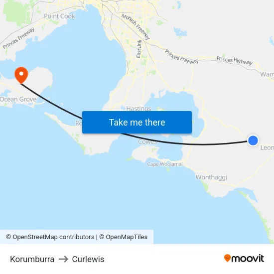 Korumburra to Curlewis map