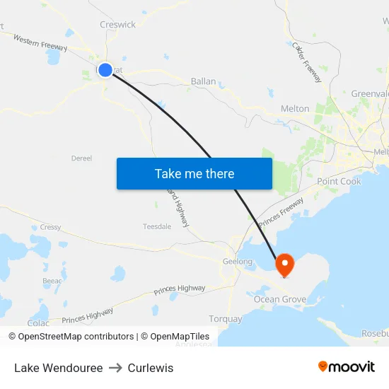 Lake Wendouree to Curlewis map