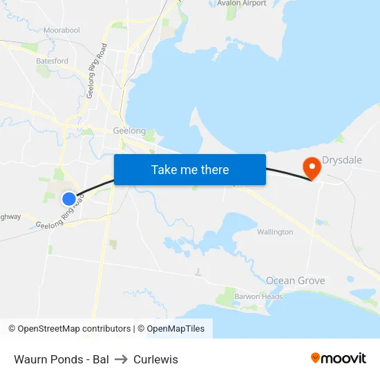 Waurn Ponds - Bal to Curlewis map