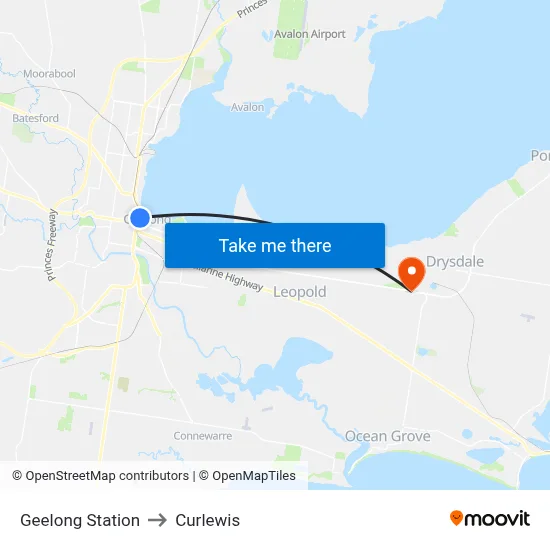 Geelong Station to Curlewis map