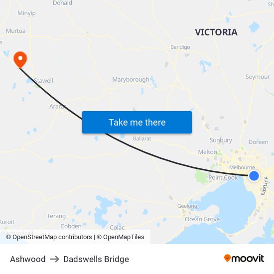 Ashwood to Dadswells Bridge map