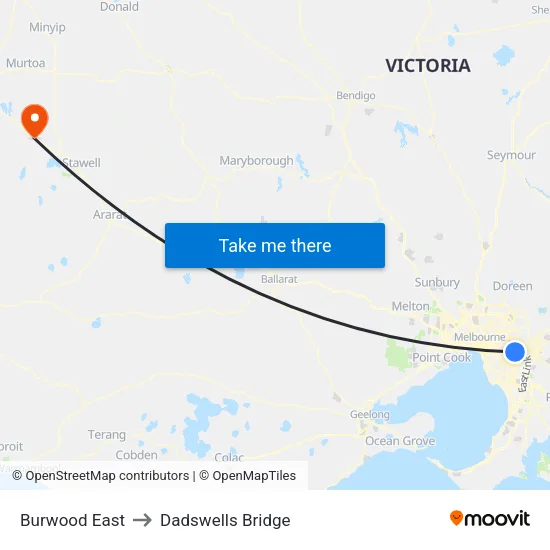Burwood East to Dadswells Bridge map