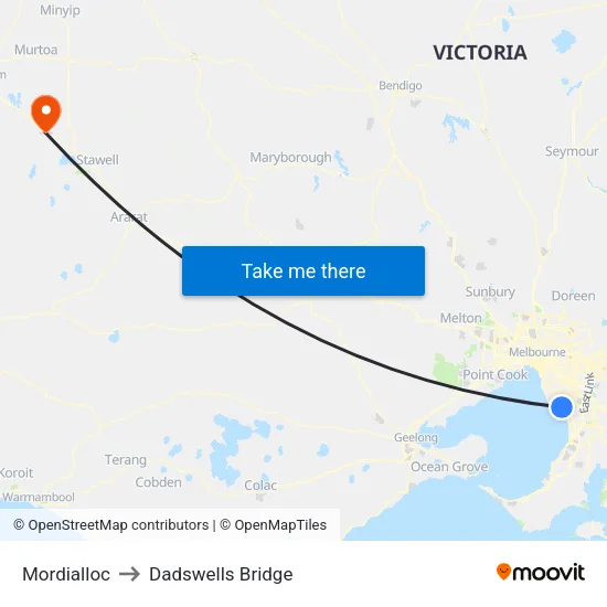 Mordialloc to Dadswells Bridge map