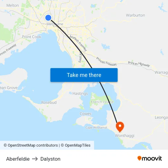 Aberfeldie to Dalyston map