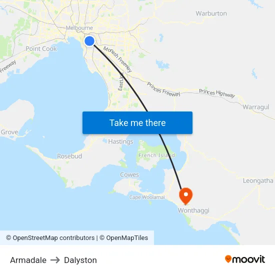 Armadale to Dalyston map