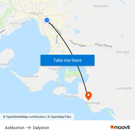 Ashburton to Dalyston map