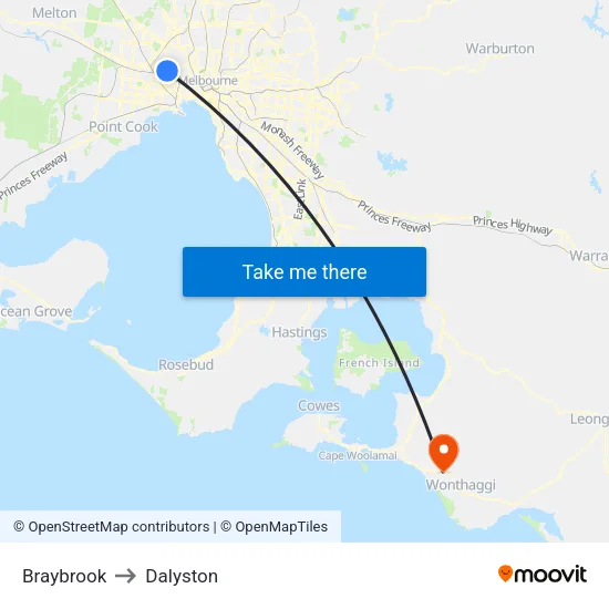 Braybrook to Dalyston map