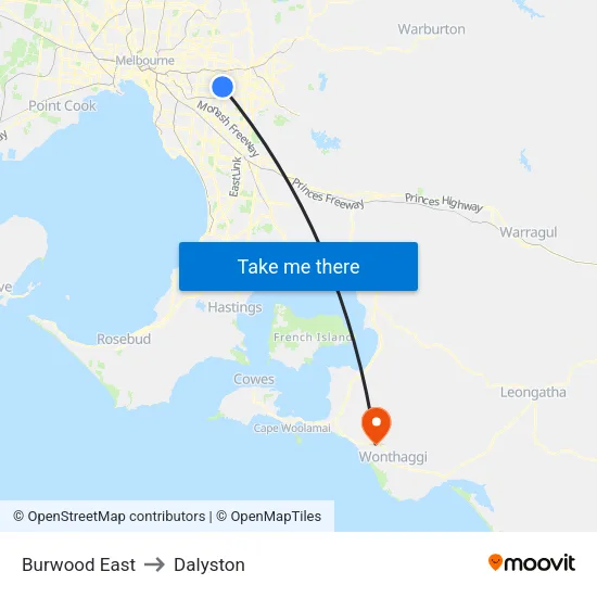 Burwood East to Dalyston map