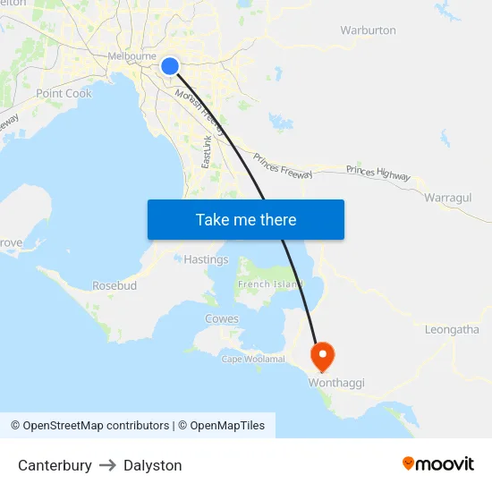Canterbury to Dalyston map