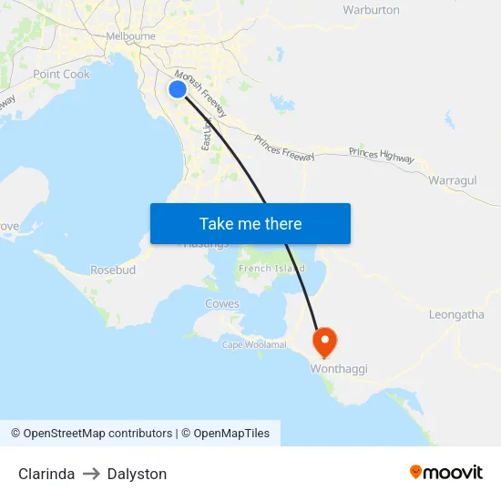 Clarinda to Dalyston map