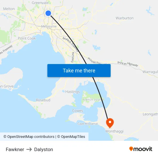 Fawkner to Dalyston map