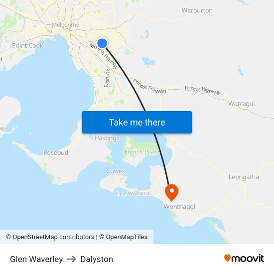 Glen Waverley to Dalyston map