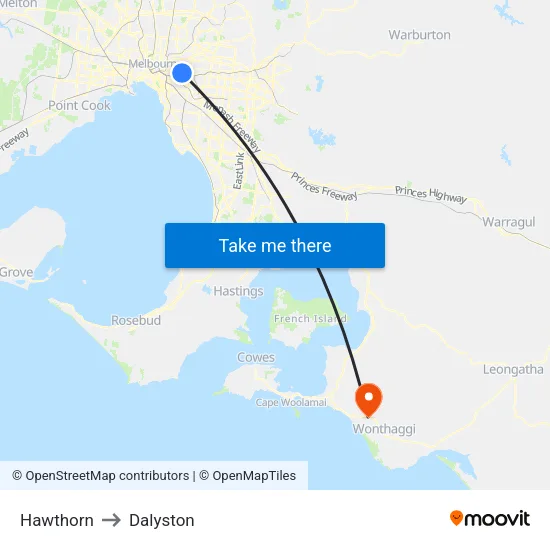 Hawthorn to Dalyston map