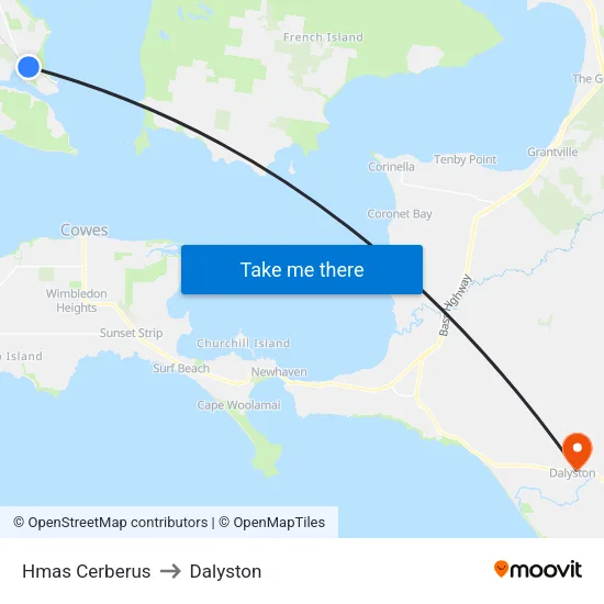 Hmas Cerberus to Dalyston map