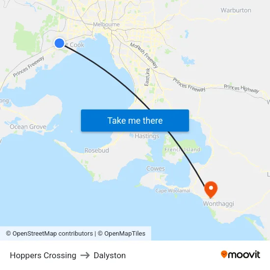 Hoppers Crossing to Dalyston map
