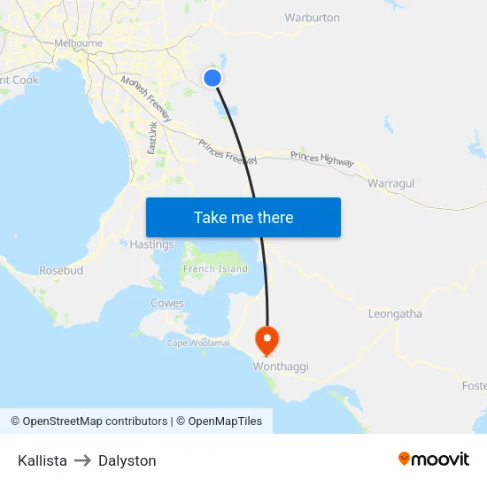 Kallista to Dalyston map