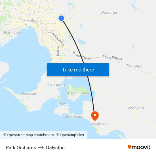 Park Orchards to Dalyston map