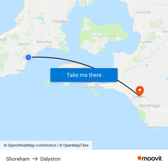 Shoreham to Dalyston map