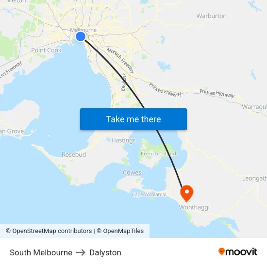 South Melbourne to Dalyston map