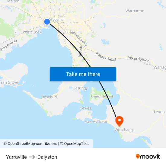 Yarraville to Dalyston map