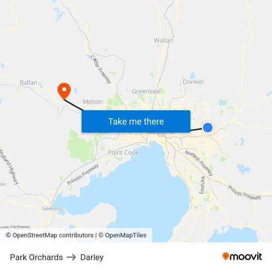 Park Orchards to Darley map