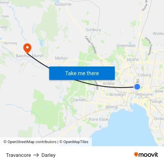 Travancore to Darley map