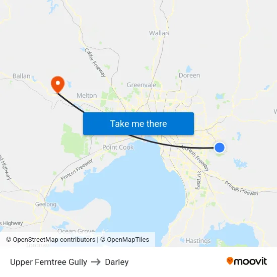 Upper Ferntree Gully to Darley map