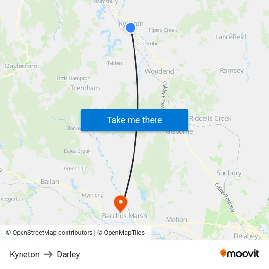 Kyneton to Darley map